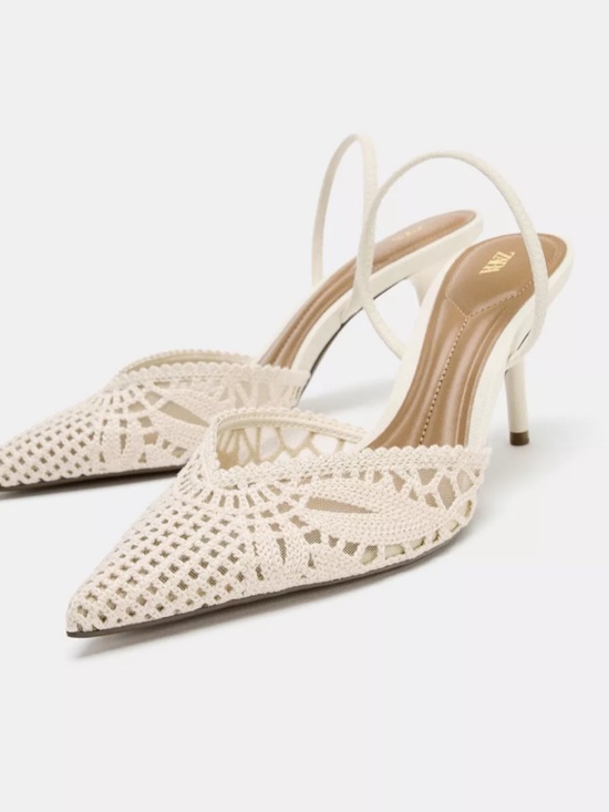 Zara Shoes - ZARA Cream Crochet Pointed Slingback Heels with Slim Heel